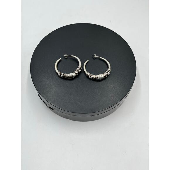 Sterling Silver 925 Balinese Oxidized Finish Post Clutch Back Hoop Earrings - Picture 3 of 8